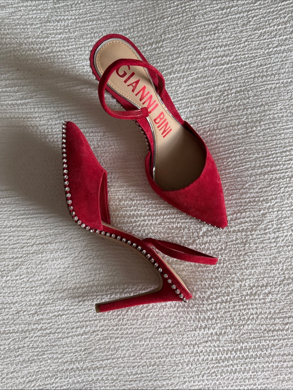 Gianni Bini Red Suede Pointed-Toe Crystal-Trim Slingback Heels